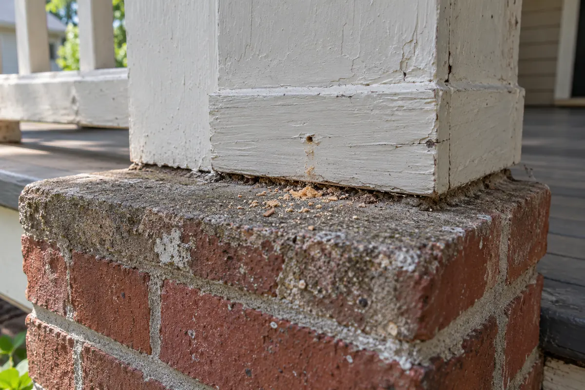 Carpenter ant frass on a brick porch support, fire ant control in Allen, TX